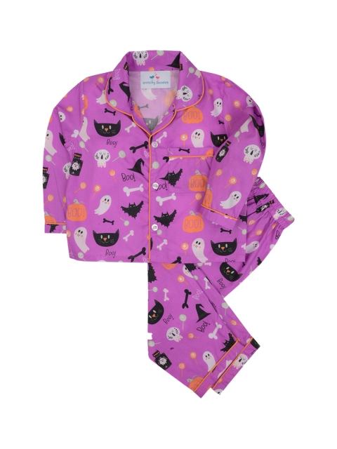 

Knitting Doodles Kids Purple & Black Graphic Printed Pure Cotton Night Suit