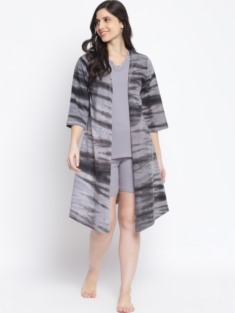 

Organza Women 3 Pcs Grey Cotton Blend Night Suit with Longline Shrug