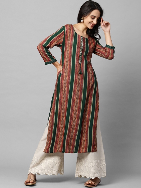 

FASHOR Women Green & Red Striped Sequin Detail Kurta