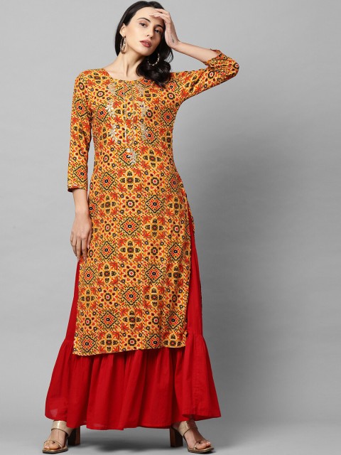 

FASHOR Women Mustard Yellow & Multicoloured Bandhani Printed Gotta Patti Straight Kurta