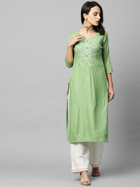 

FASHOR Women Green & arcadian green Extended Sleeves Thread Work Kurta