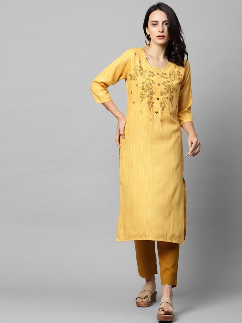 

FASHOR Women Yellow Floral Embroidered Thread Work Straight Kurta