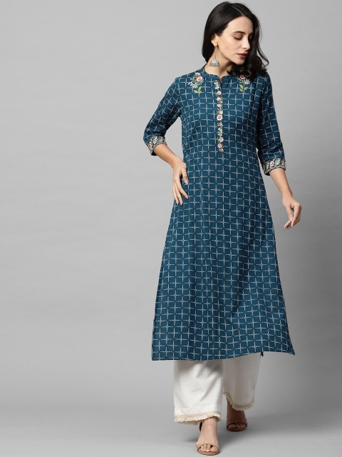 

FASHOR Women Teal & White Geometric Printed Thread Work Kurta