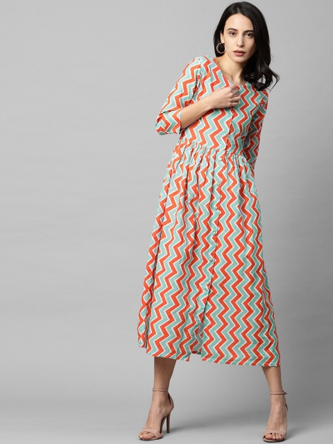

FASHOR Blue & Orange Printed A-Line Midi Dress