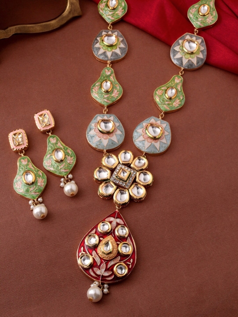 

THE AAB STUDIO Gold-Plated Green & Grey Kundan-Studded & Beaded Meenakari Jewellery Set
