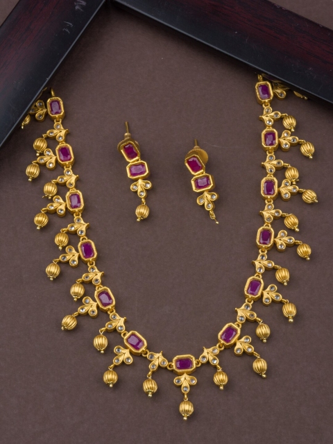 

Alankruthi Gold & Pink stone Glod beads Drop Necklace Set