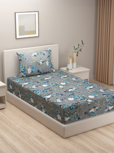 

SWAYAM Grey & Blue Floral Single Bedsheet with 1 Pillow Covers