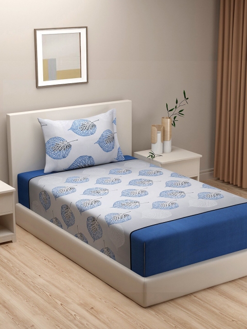 

SWAYAM Blue & Grey Floral 144 TC Cotton Single Bedsheet with 1 Pillow Covers
