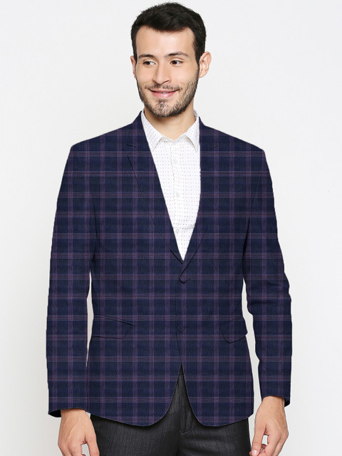 

Blacksmith Men Navy Blue & Purple Checked Single-Breasted Formal Blazer