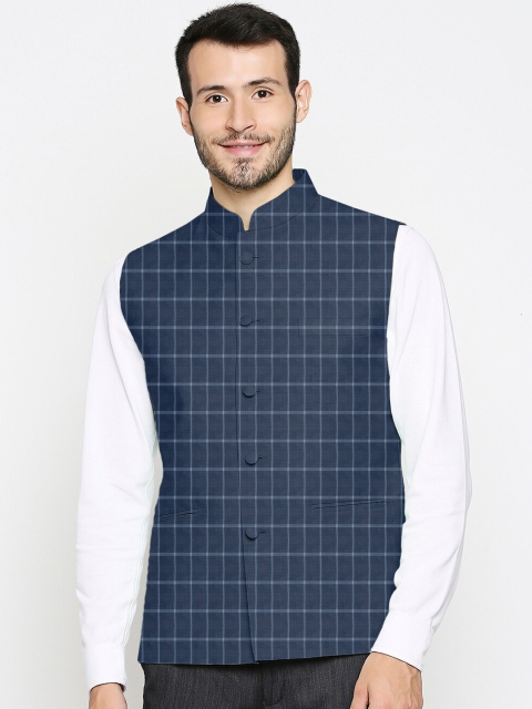 

Blacksmith Men Navy Blue Tweed Checks Regular Fit Nehru Jacket