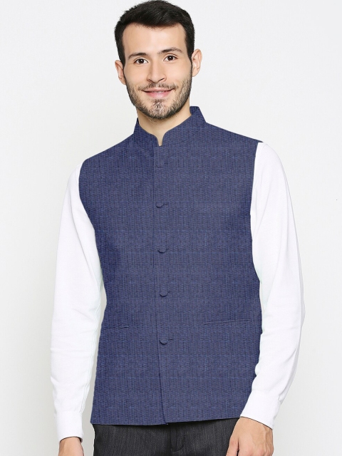 

Blacksmith Navy Blue Tweed Checks Regular Fit Nehru Jacket