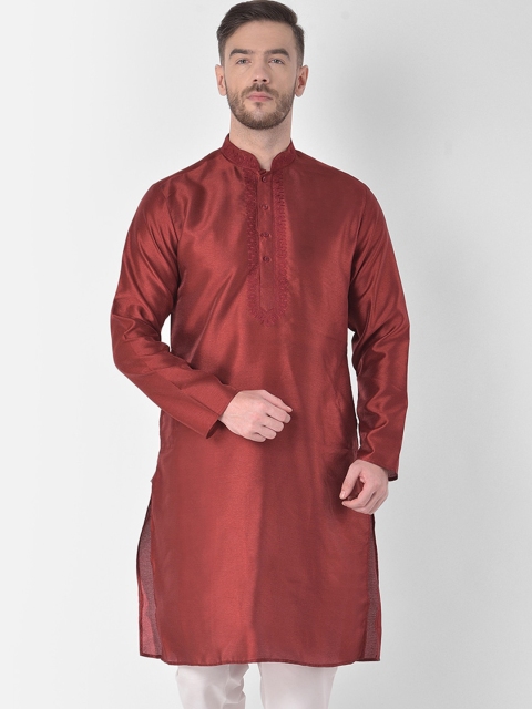 

SG LEMAN Men Maroon Thread Work Handloom Raw Silk Kurta
