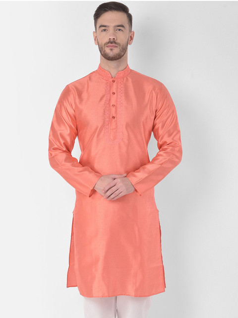 

SG LEMAN Men Peach-Coloured Thread Work Raw Silk Handloom Raw Silk Kurta
