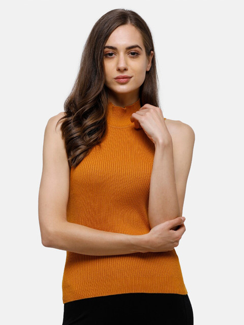 

98 Degree North Women Mustard Ribbed Pure Cotton Sleeveless Pullover