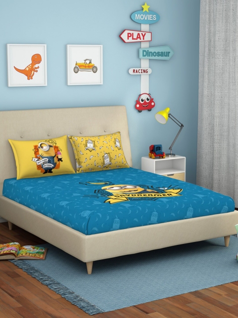 

SPACES Blue & Yellow Minions 180 TC Cotton Queen Bedsheet with 2 Pillow Covers