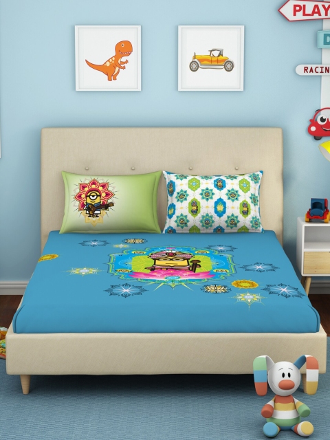 

SPACES Blue & Yellow Cartoon Characters 180 TC Queen Bedsheet with 2 Pillow Covers