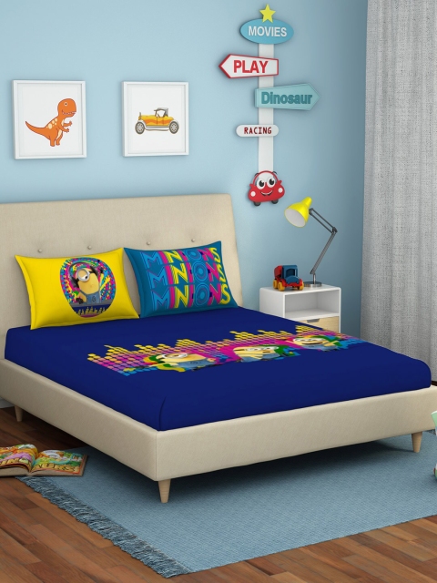 

SPACES Blue & Yellow Cartoon Characters 180 TC Queen Bedsheet with 2 Pillow Covers