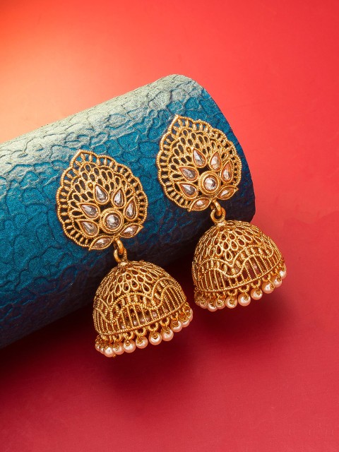 

aadita Gold-Plated & Cream-Coloured Handcrafted Dome Shaped Jhumkas