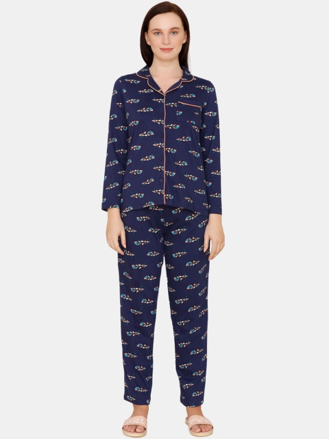 

Zivame Women Navy Blue Graphic Print Night Suit
