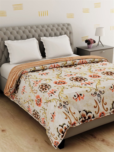 

Salona Bichona Cream-Coloured & Coral Floral AC Room 120 GSM Double Bed Dohar