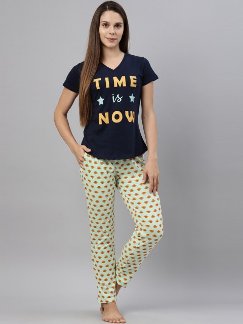 

Curare Women Navy Blue & Green Printed Night Suit