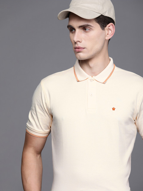 

Louis Philippe Men Solid Beige Polo Collar Slim Fit Pure Cotton T-shirt