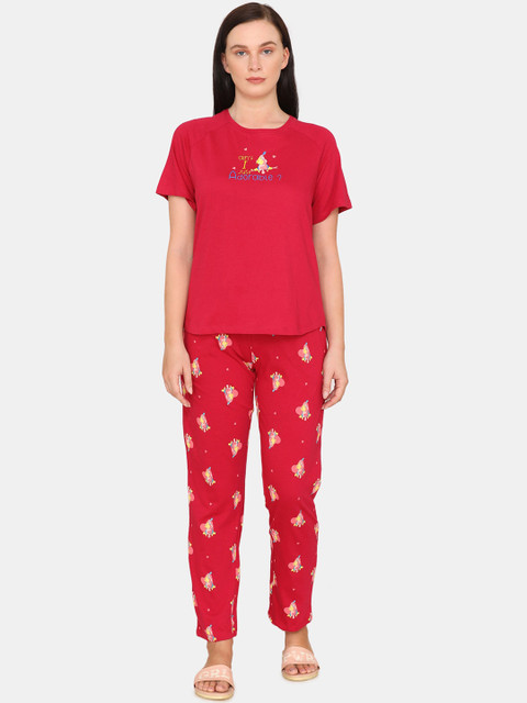 

Zivame Women Pink & Red Graphic Printed Pure Cotton Night Suit