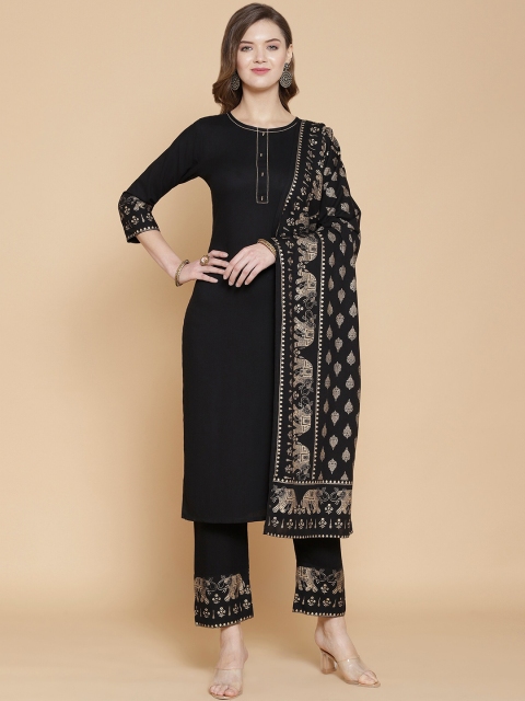 

GoSriKi Women Black Kurta with Trousers & Printed Dupatta