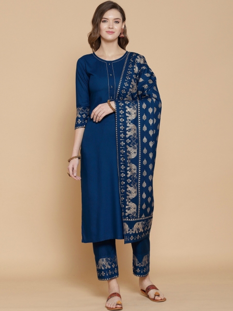 

GoSriKi Women Blue Regular Kurta with Trousers & With Dupatta