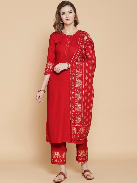 

KALINI Women Red & White Ethnic Motifs Regular Kurta With Trousers & With Dupatta