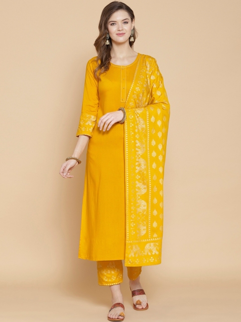 

GoSriKi Women Yellow Ethnic Motifs Kurta with Trousers & With Dupatta