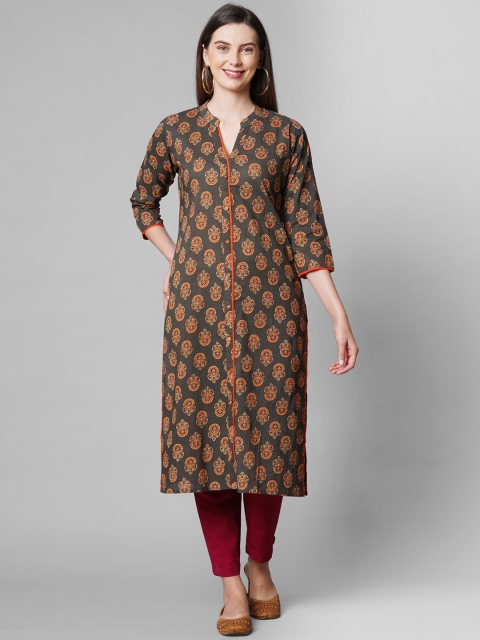 

KALINI Women Grey & Orange Floral Printed Floral Straight Kurta