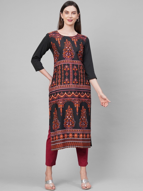 

KALINI Women Black & Orange Ethnic Motifs Printed Straight Kurta