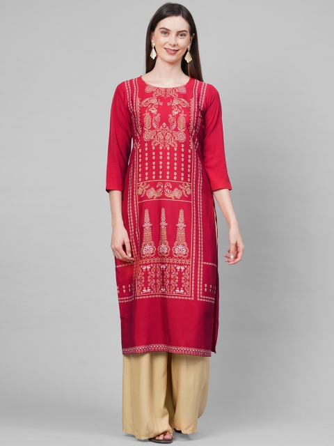 

GoSriKi Women Red & Gold-Toned Ethnic Motifs Printed Straight Kurta