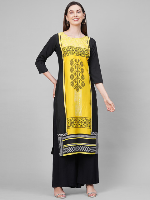 

KALINI Women Yellow & Black Printed Thread Work Crepe Kurta