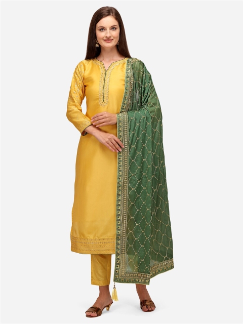 

JATRIQQ Yellow & Green Embroidered Silk Georgette Unstitched Dress Material