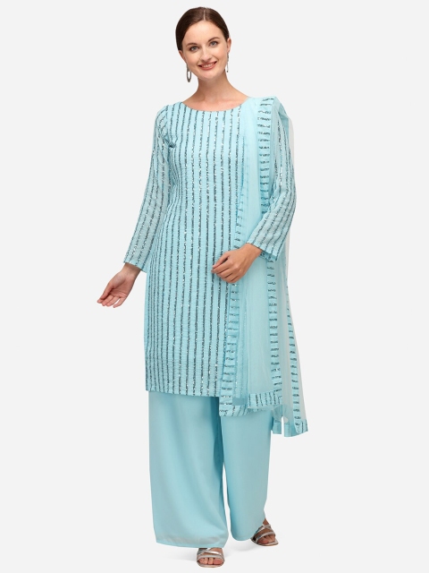 

JATRIQQ Women Turquoise Blue Sequined Semi-Stitched Dress Material