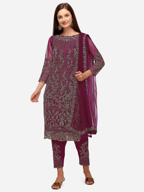 

JATRIQQ Women Purple & Grey Embroidered Semi-Stitched Dress Material