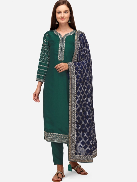 

JATRIQQ Green & Navy Blue Embroidered Silk Georgette Unstitched Dress Material