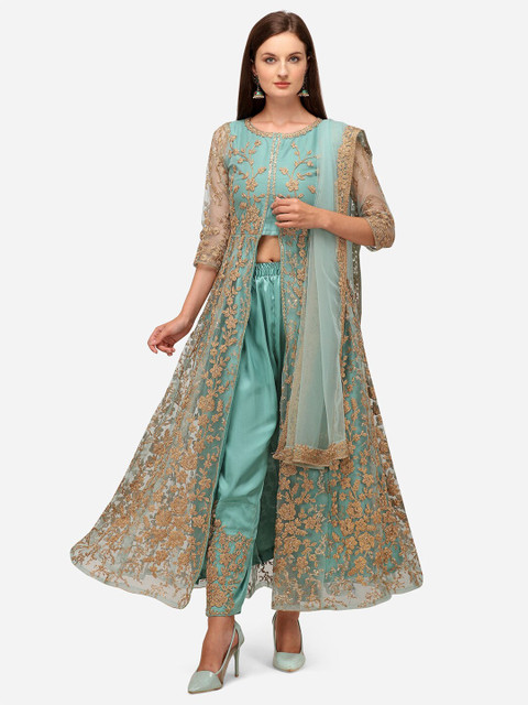 

JATRIQQ Turquoise Blue & Gold-Coloured Embroidered Semi-Stitched Dress Material