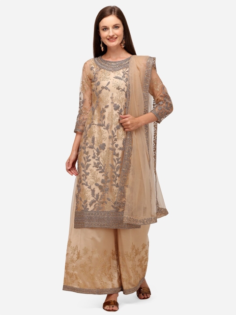 

JATRIQQ Cream-Coloured & Grey Embroidered Semi-Stitched Dress Material