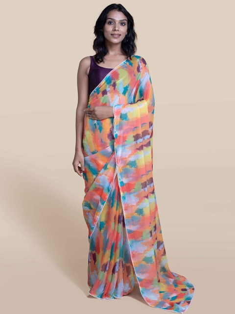 

Suta Women Blue & Orange-Coloured Abstract Print Chiffon Saree