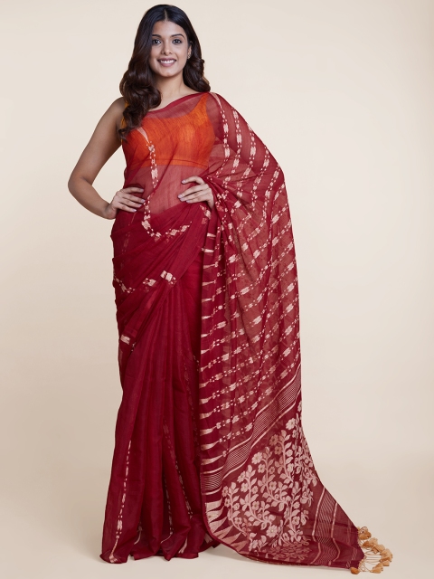 

Suta Red & Gold-Toned Embroidered Jacquard Handloom Polycotton Saree