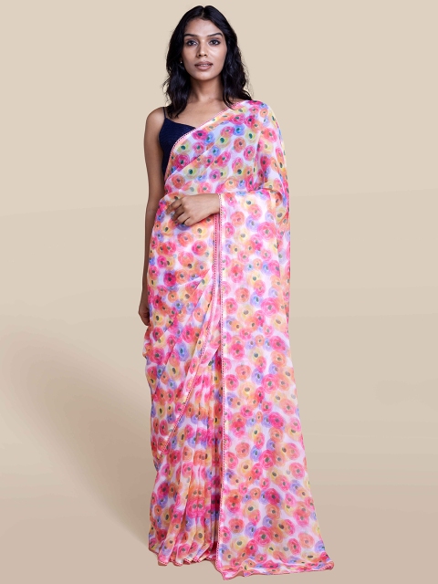 

Suta White & Pink Abstract Printed Chiffon Saree