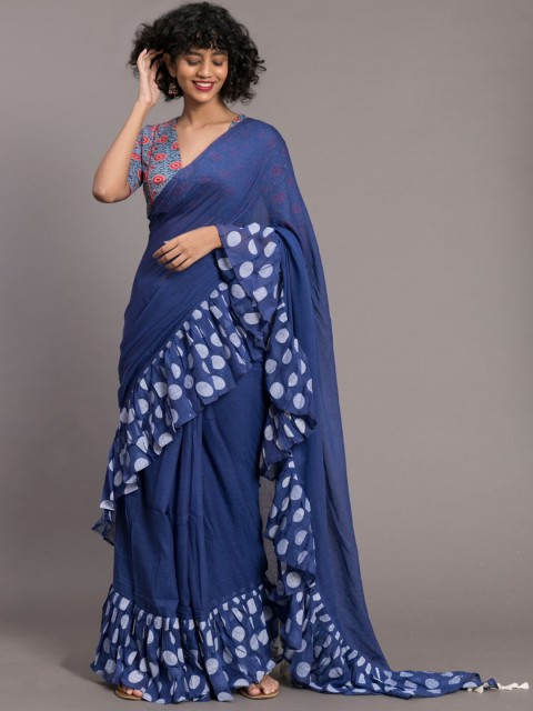 

Suta Blue & White Polka Printed Pure Cotton Ruffles Border Saree