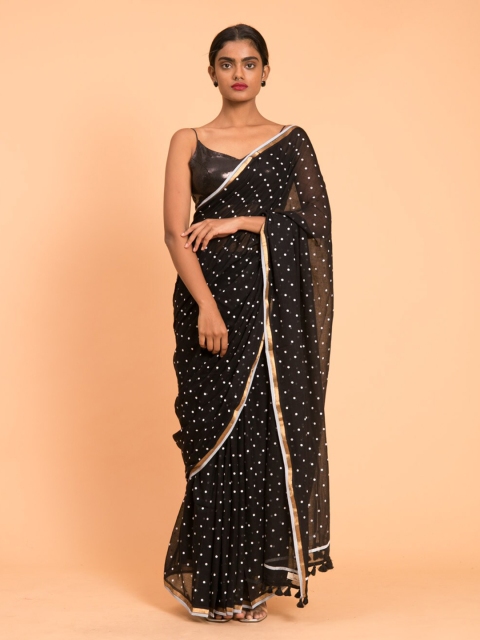 

Suta Black & White Polka Printed Zari Border Pure Cotton Saree