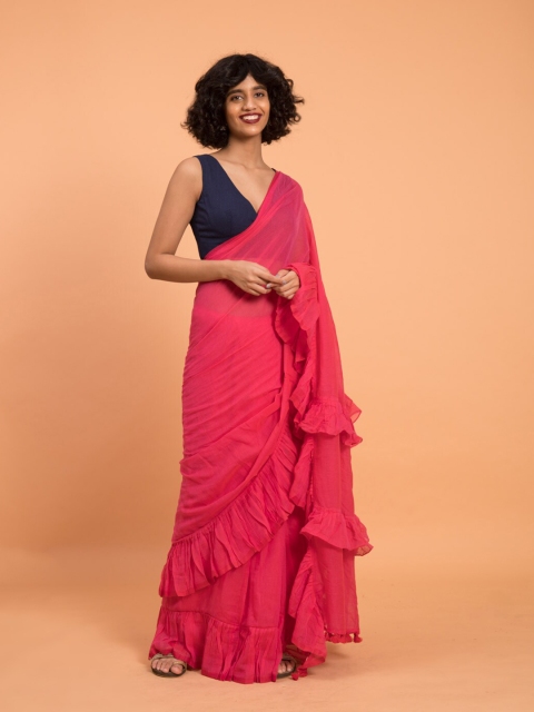 

Suta Pink Solid Pure Cotton Ruffle Saree