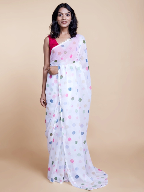 

Suta White Polka Dots Printed Chiffon Saree