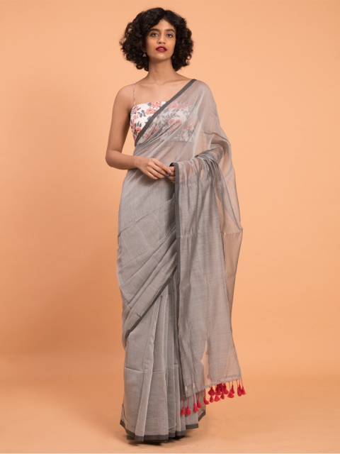 

Suta Grey with Red Tasseles Solid Sheer Saree