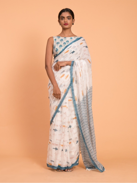

Suta White & Blue Printed Pure Cotton Saree